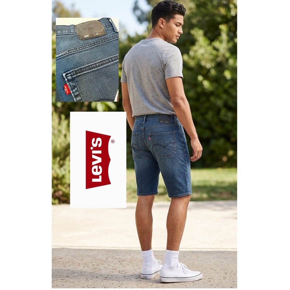 Levis 569 Loose Straight Denim Shorts Mens 32 Dark Wash Blue Jean Shorts